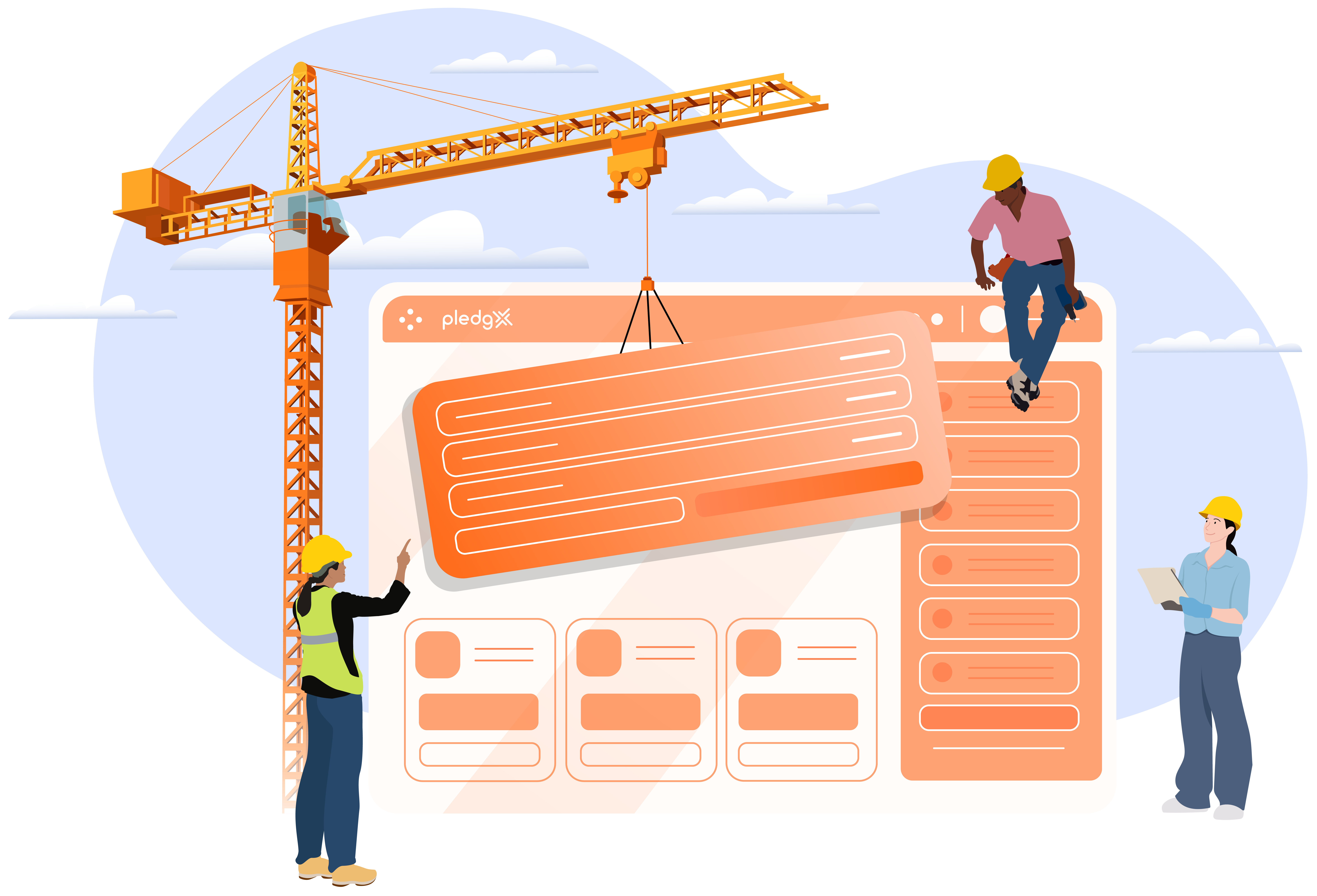 The PledgX dashboard drawn in a cartoonish style is being put together by a crane and 3 construction workers. 2 women stand on either side of the dashboard while a man sits on top.