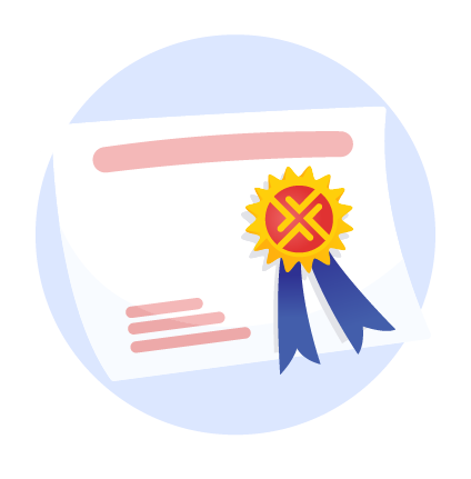 A certificate with a ribbon award icon